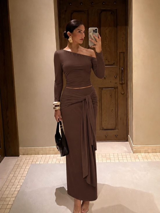 Zara Pants - Zara Maillard Style One Shoulder Fitted Crop Top and Flowing Long Skirt 2-Piece